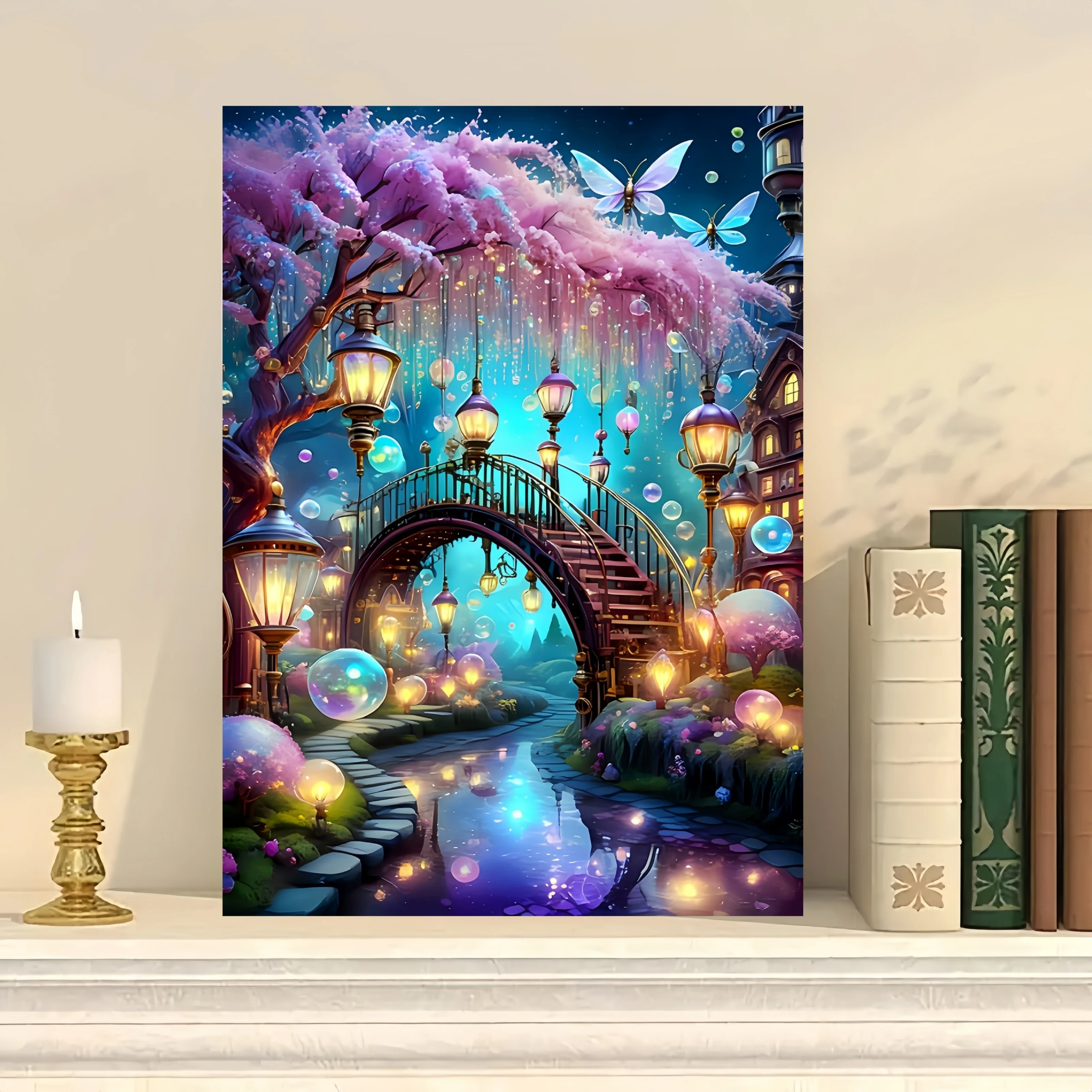 Rompecabezas mágico de puente nocturno y río con linternas brillantes, rompecabezas grande (50x70cm), cardboa blanco grueso, 1000 Uds.