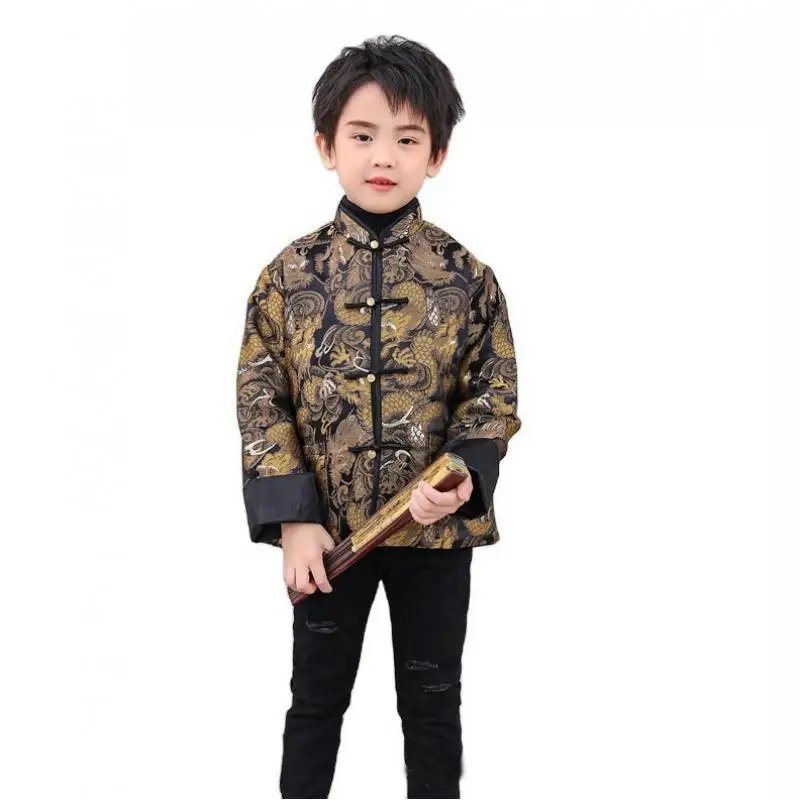 Kids Tang Suit Clothes Hanfu Coat Long Sleeve Tradition Dragon Print Button Down Kungfu Jacket Boys Chinese New Year Costume