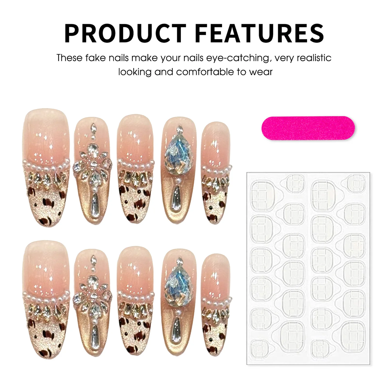 10 قطعة اليدوية الساحرة الاكريليك أظافر صناعية الوردي عارية ليوبارد طباعة اللؤلؤ حجر الراين ديكور اضغط على الأظافر للنساء حفل زفاف