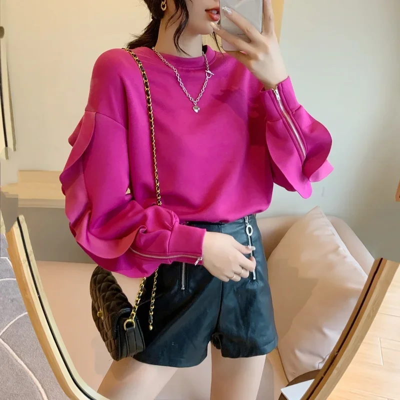 Autumn Winter Women Clothes Solid Color O-Neck Collar Long Sleeve Sports Tops Female Loose Zipper Ruffle All-match Base Pullover