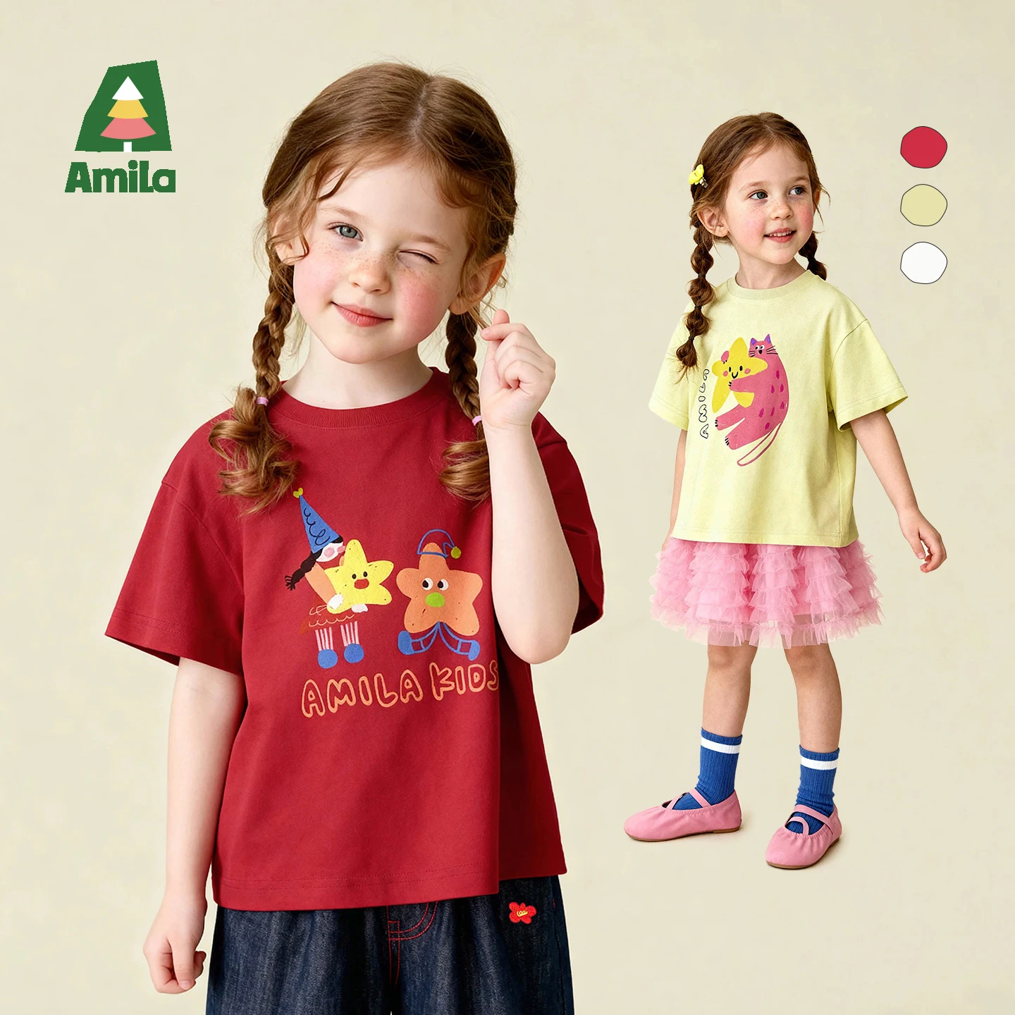 Amila 2026 Summer New Children's T-Shirt, Featuring Fun Pattern Printing, Loose And Retro Style, Casual Short-Sleeved