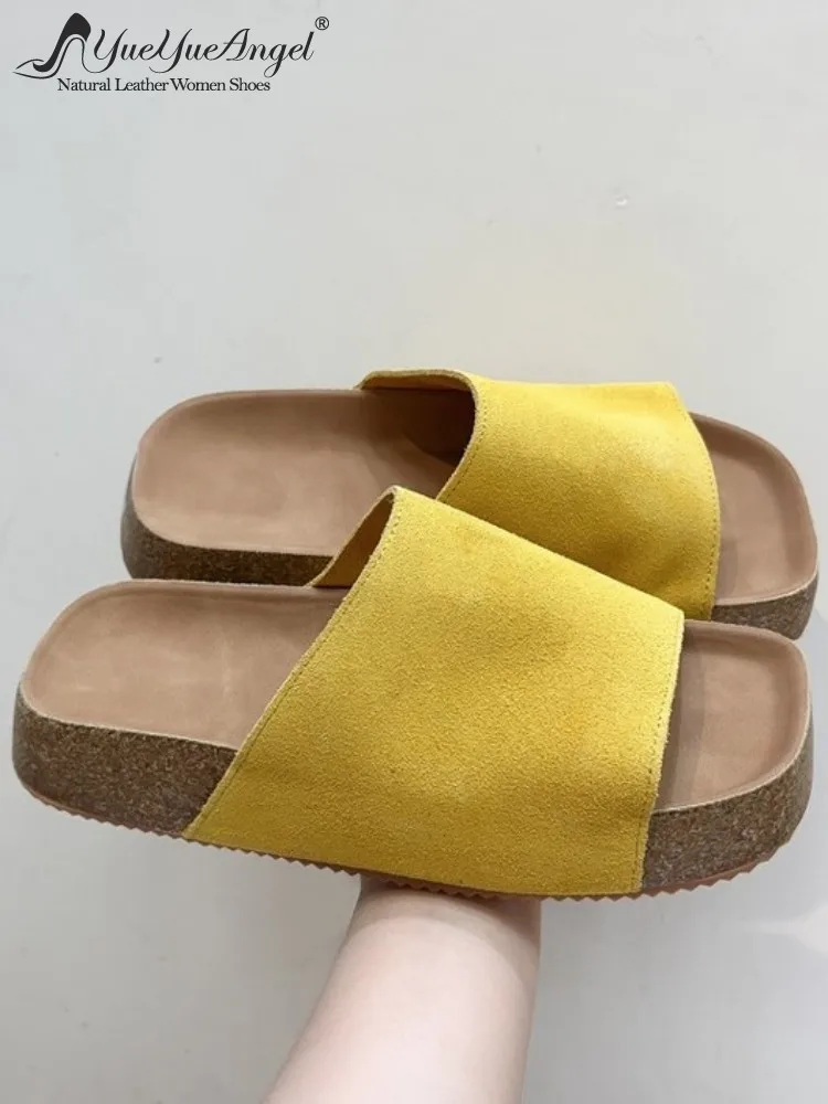Summer Leisure Style Genuine Leather Platform Slip On Solid Color Slippers Wearing Outside Open Toe Cow Suede Female Beach Shoes