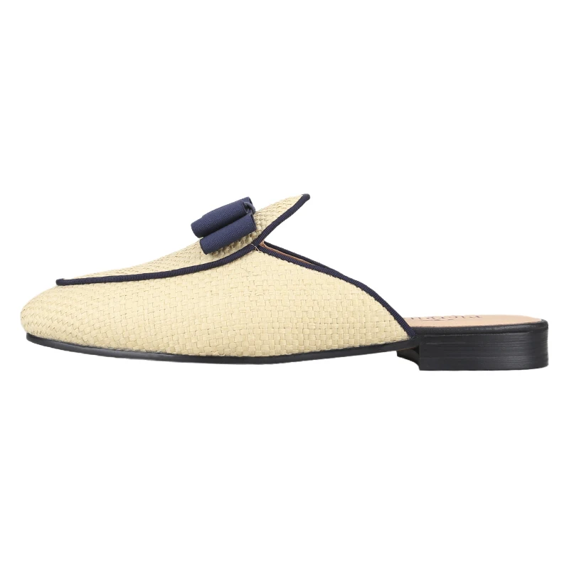 Piergitar Summer Style Men's Mule In Ivory Woven Rattan Grass Handmade Bowtie Trendy Design Slippers For Formal Or Casual Wear