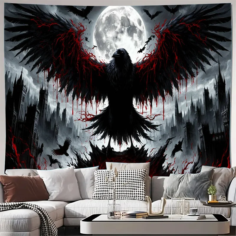 Gothic Raven Moon Castle Dark Fantasy Wall Tapestry Machine Washable All Season Decor Print Home Easy to clean Quick Setup