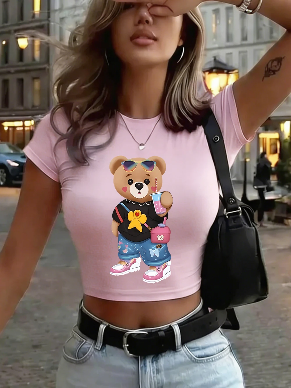 

Bear Sister Drinking Beverages Prints Women Crop Tops Summer O-Neck Slim Tees High Elastic Short Sleeve T Sirts Sexy Soft Clotes