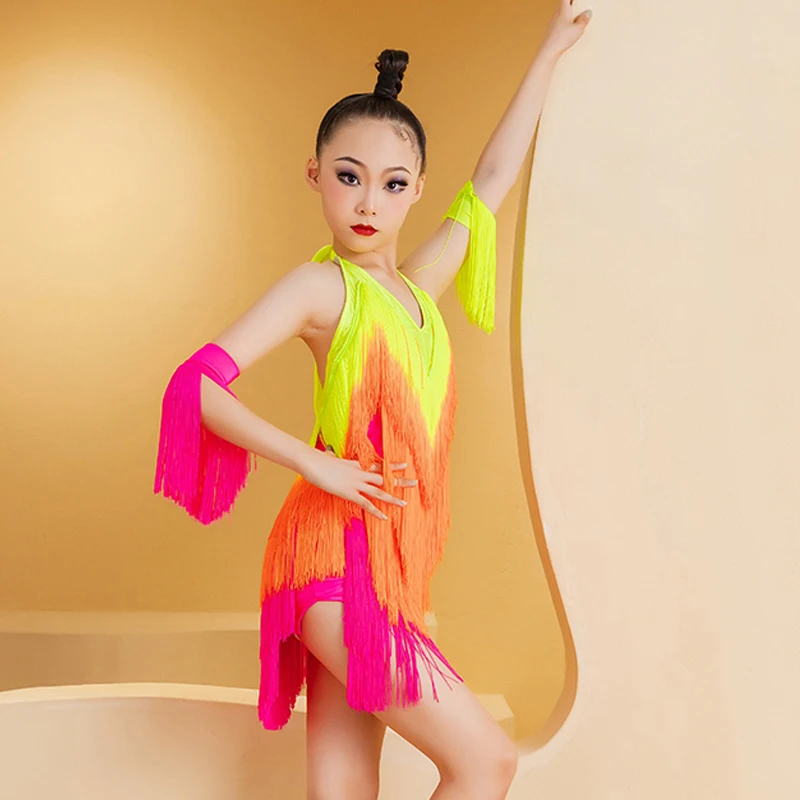 Summer National Standard Ballroom Dance Professional Costume Colorful Full Fringed Dresses Girls Latin Dance Tassels Dress 10541