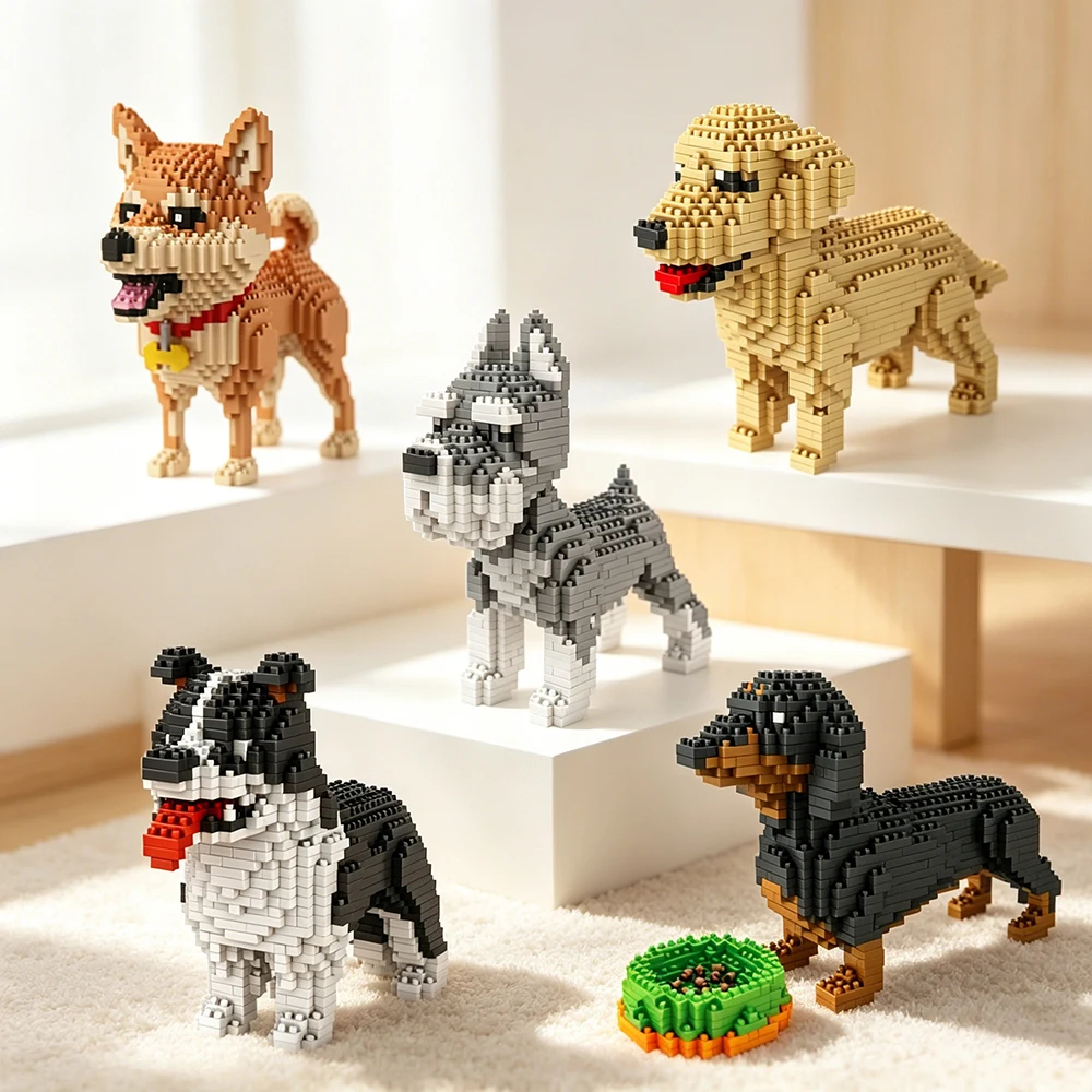 Set de Bloques de Construcción de Perros Micro Mini, Modelos de Animales como Pastor Alemán, Dachshund y Schnauzer, Juguete Creativo DIY, Regalo Interactivo para Amantes de los Perros