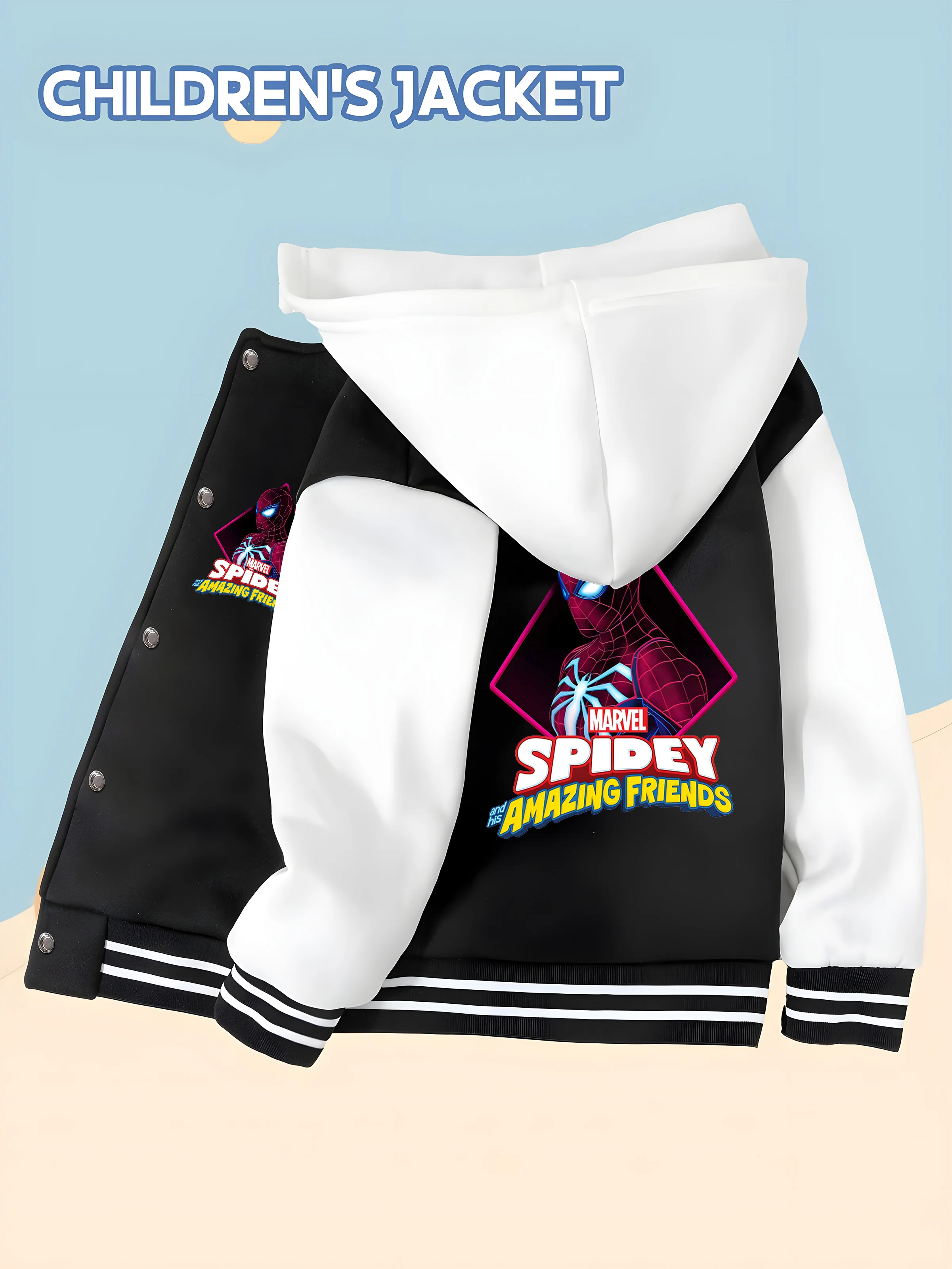 

MINISO Boys' baseball jacket with a cute Spider-Man pattern, a hooded baseball style, and trendy design and comfortable fabric.