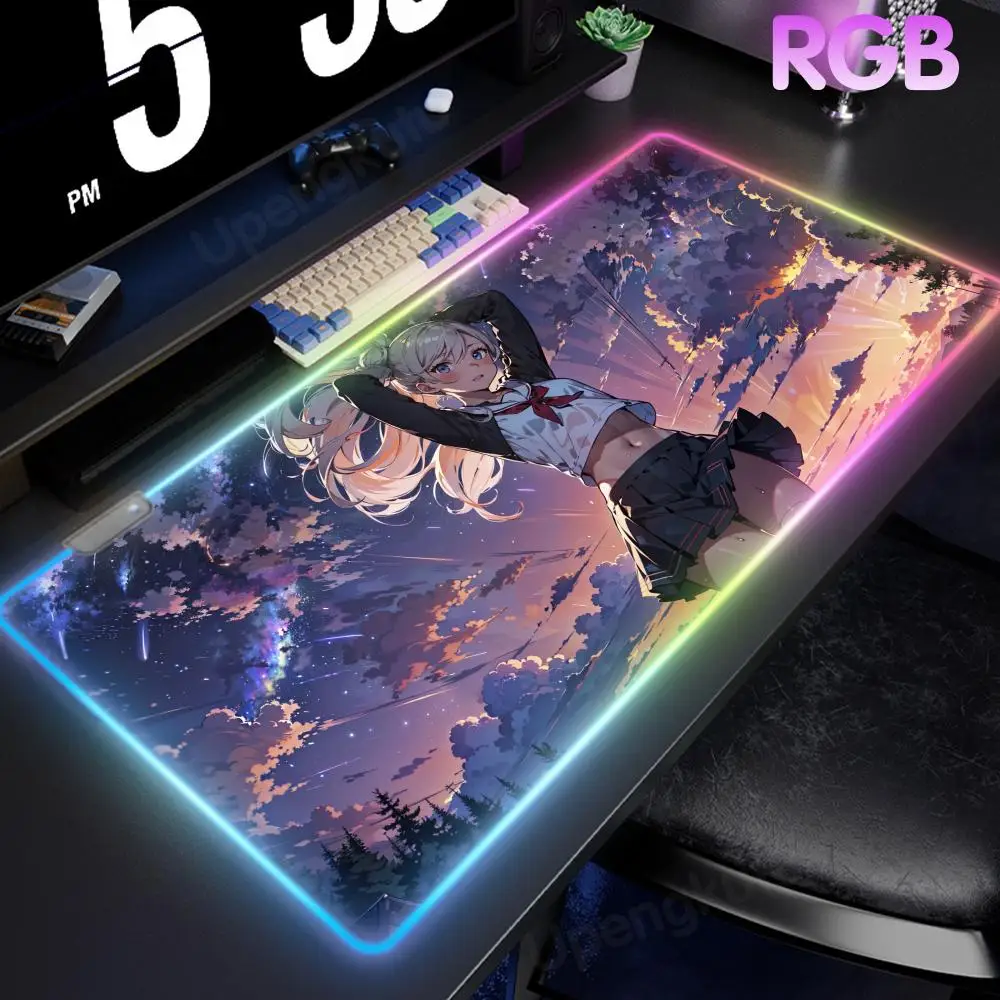 

Landscape with anime girl Mouse Laptop Gamer Pad RGB Mouse Pad Cool Boyfriend Gift LED Large Gamer Luminous Desk Mat