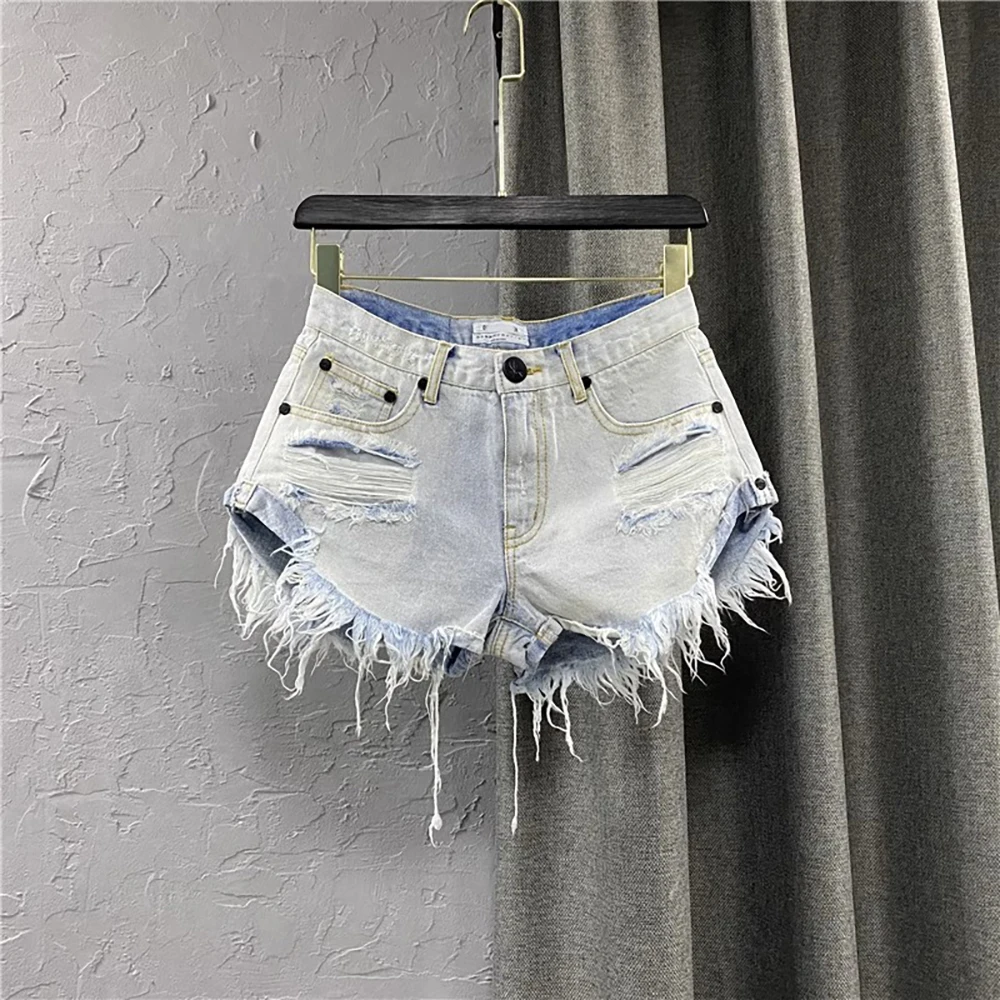 

Women Ripped Holes Denim Shorts 2024 New Summer Fashion Tassels Raw Edge Jeans Shorts Female Streetwear Casual Loose Hot Pants