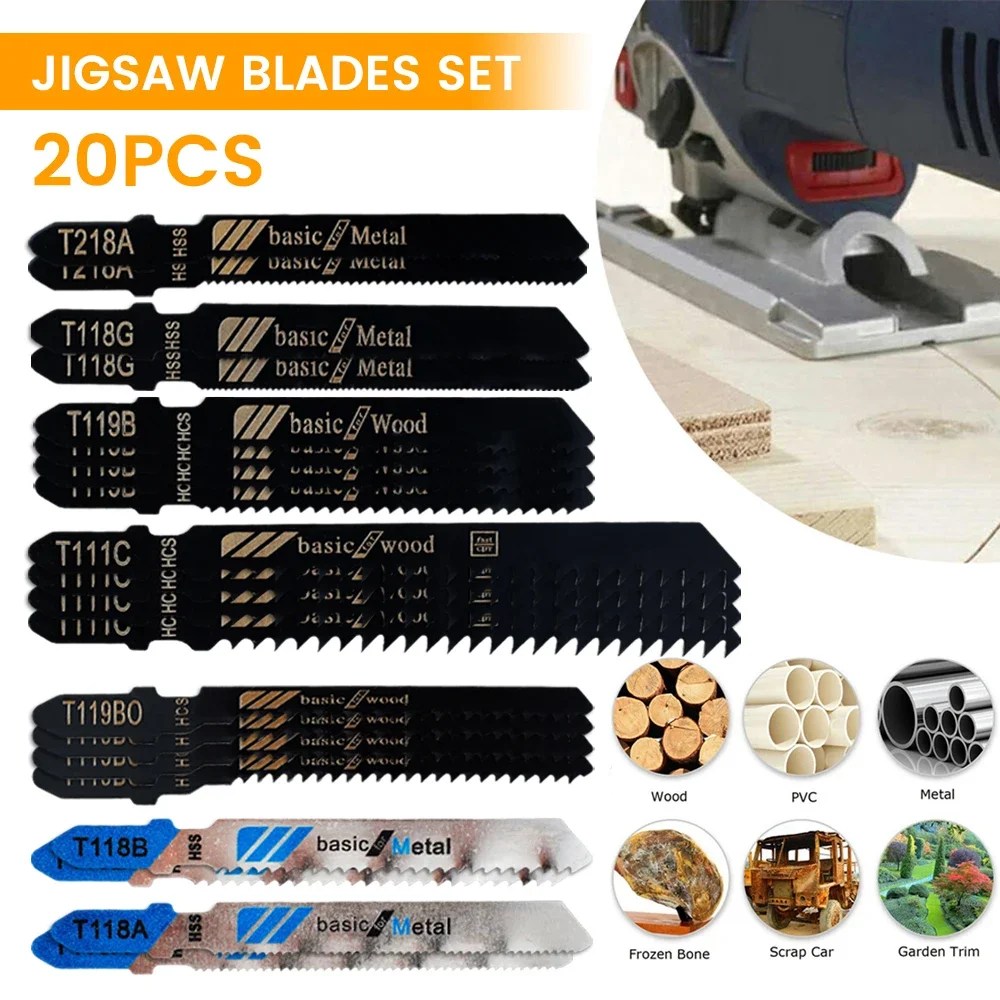 20Pcs Jigsaw Blades Set T-Shaft HCS Assorted Jig Saw Blades for Wood Plastic Metal Cutting With Box for Black & Decker Metabo