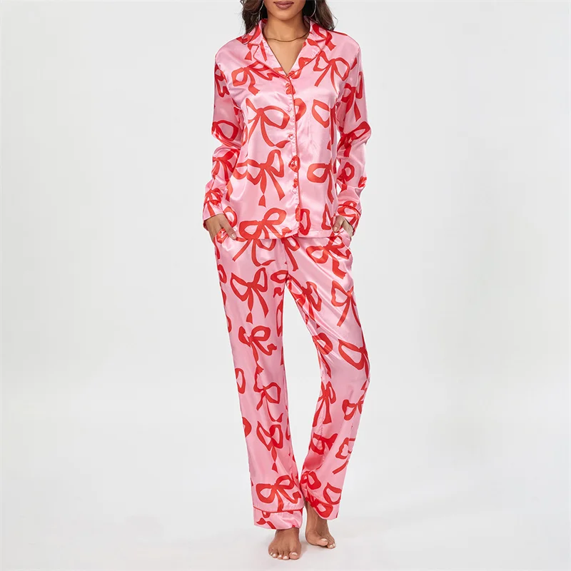 Dourbesty Women 2 Pieces Pajama Sets Long Sleeve Lapel Button Up Shirts Tops Bow Print Pants Sleepwear Sets Valentine's Day 2025