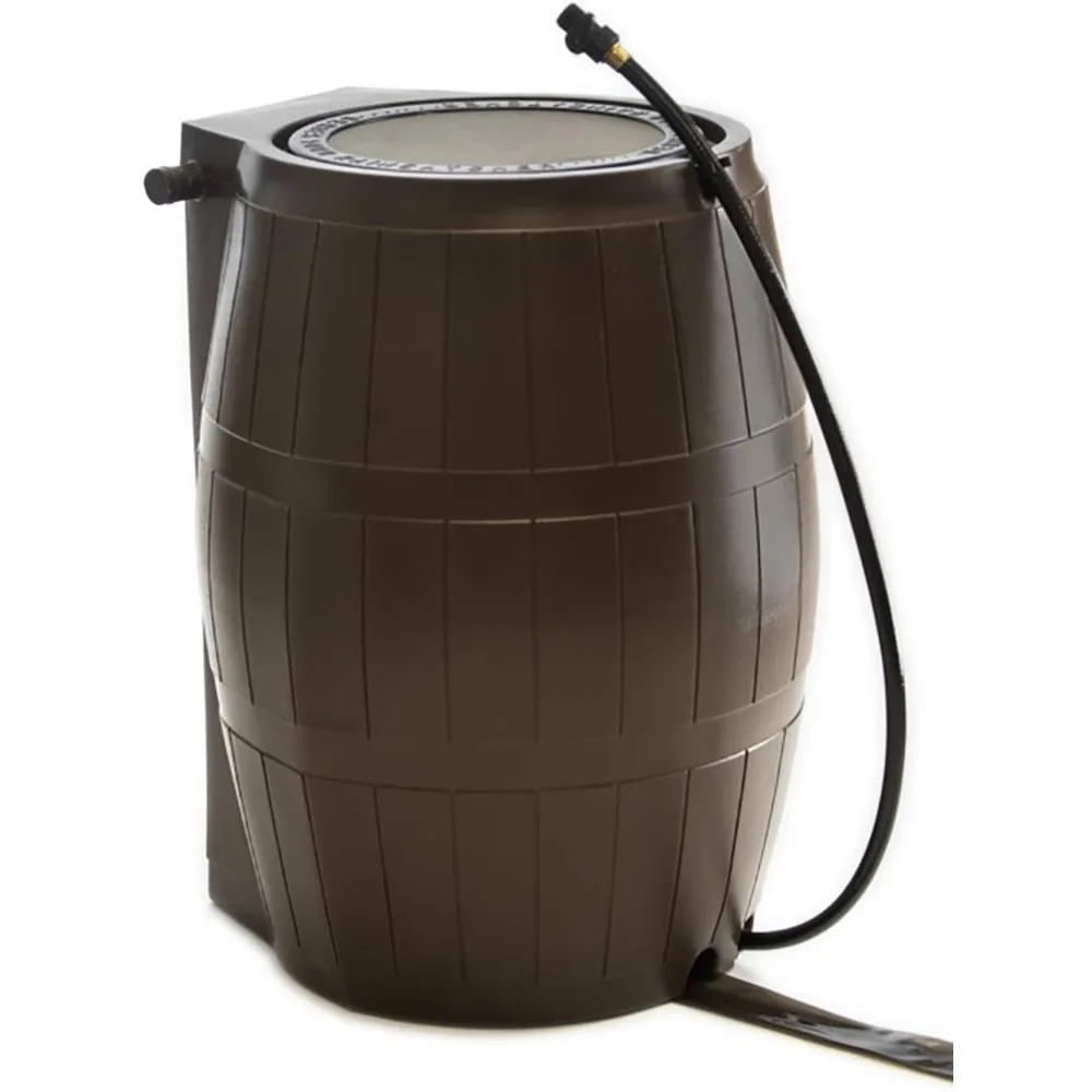 

Raincatcher 4000, Flat-Back Rain Water Barrel, 50-Gallon, Brown - Rainwater Collection Storage Container w Side Spigots, Mesh S