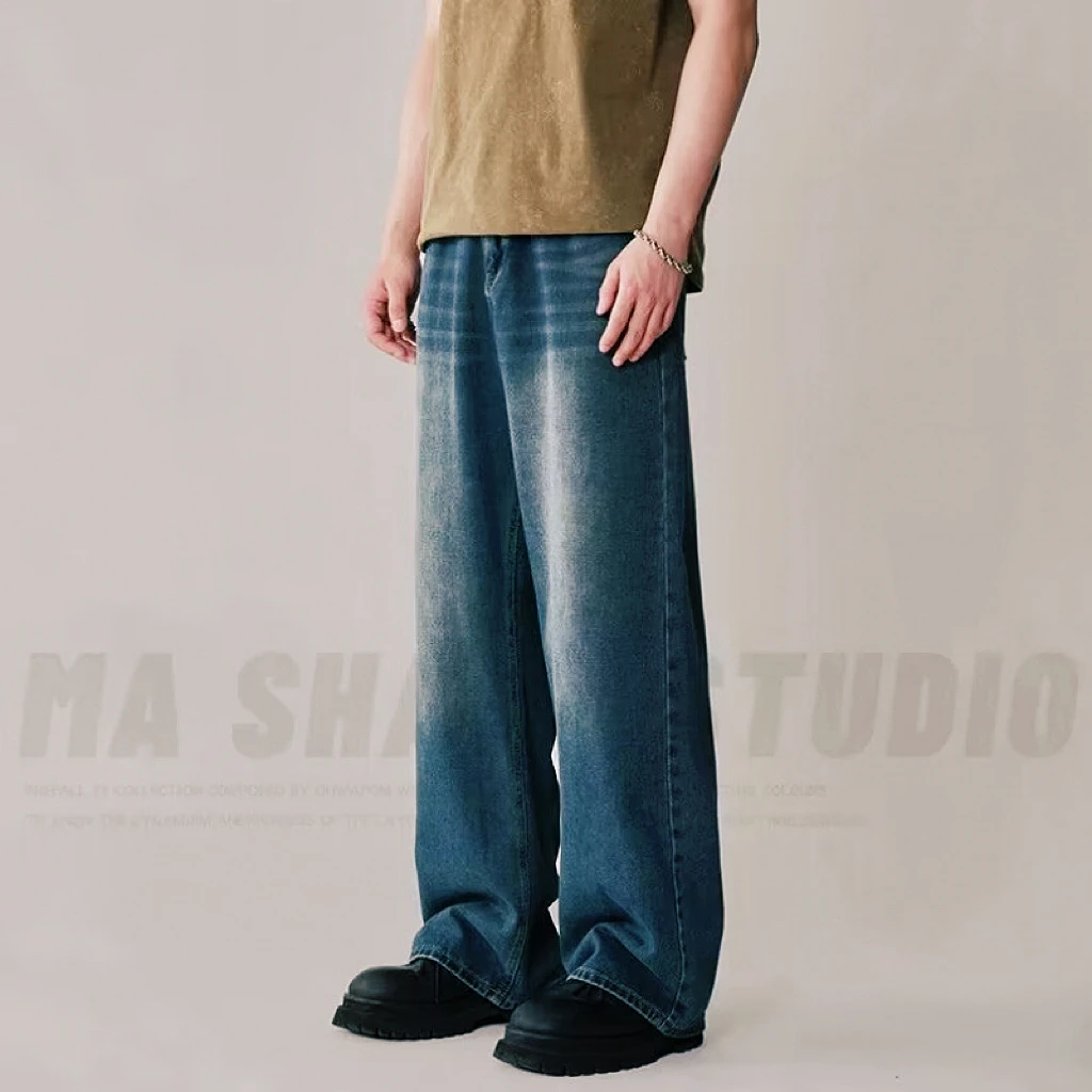 Spring Autumn Men's New Denim Pants Old Blue Washed Casual Jeans Menwear Loose New Fashion Contrasting Color Wide Leg Trousers