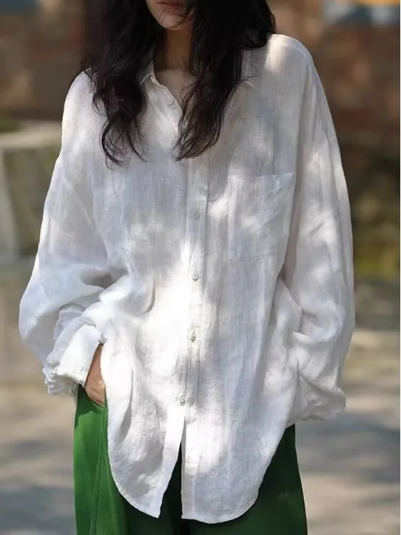 

Artistic Loose Fit White Linen irt Women's Basic Sle Spring Faion Brand Casual Comfortable Long Sve irt