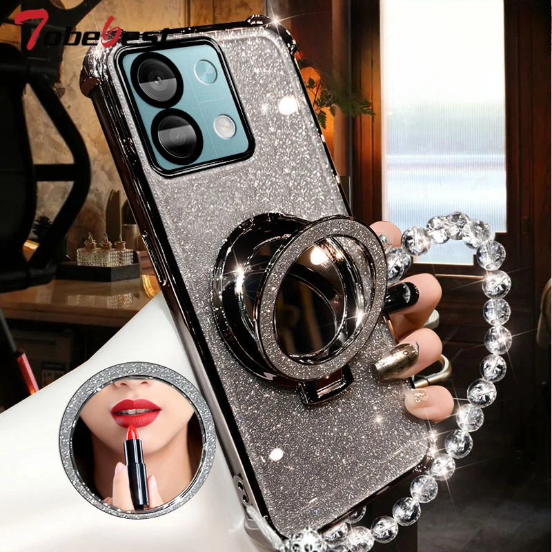 Shockproof GLITTER Plating Crystal Bracelet Magsafe Phone Holder Case For Xiaomi Redmi Note 13 Pro 13R 4G 5G Cover image 4