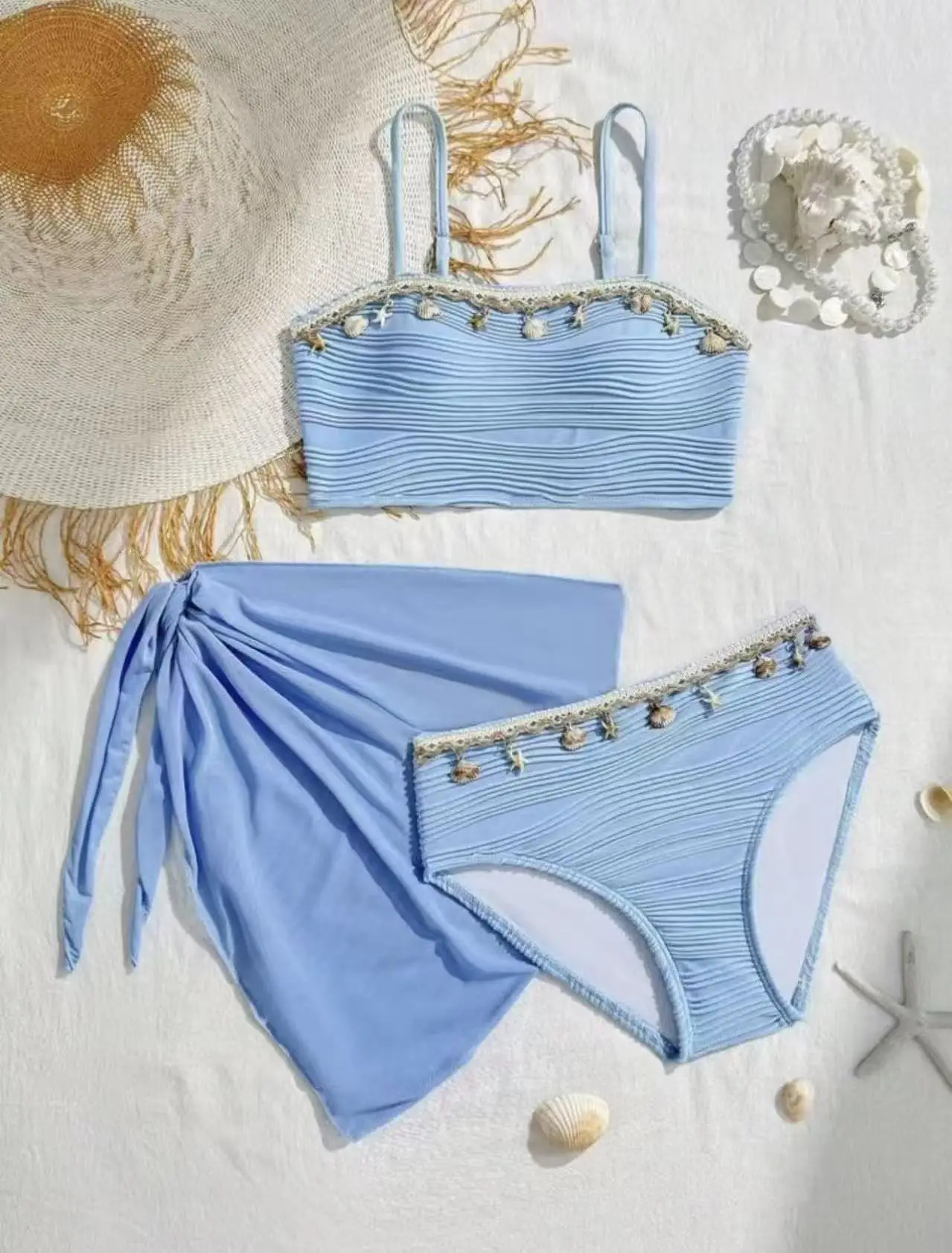 

New Shell Starfish 3 Pieces Bandeau Bikini Set Swimsuit Women Blue Swimwear with Sarong Skirts Swim Dress Beachwear Bathing Suit