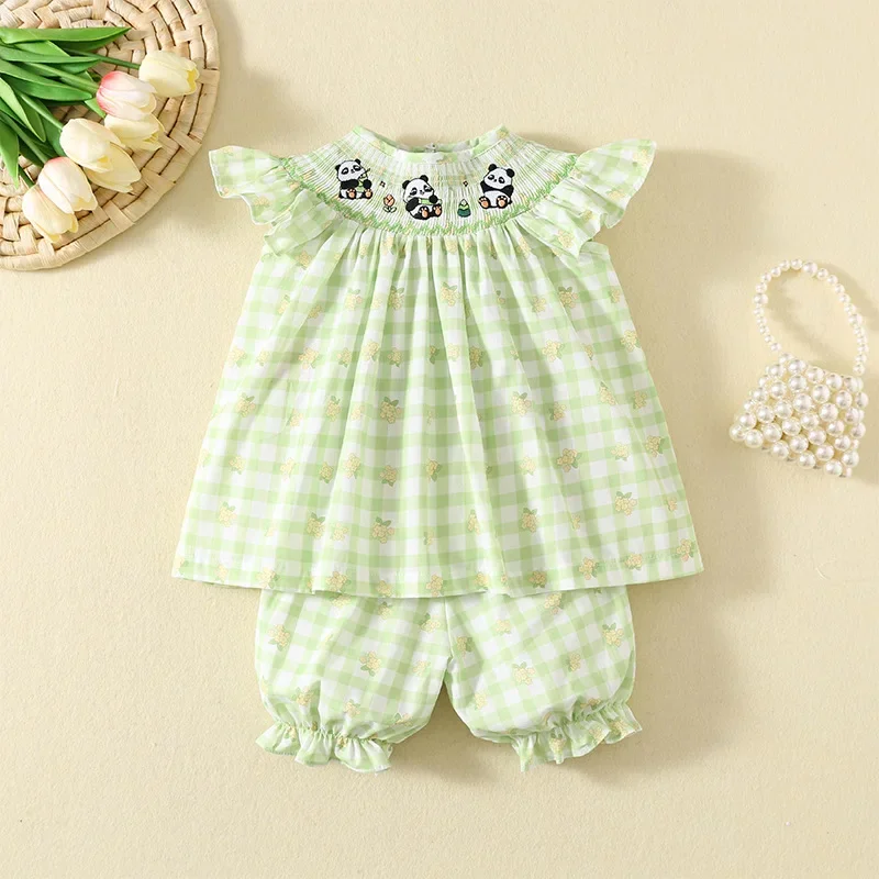 2024 Kids Girls' Summer New Korean Style Suit Children Outfits Cute Panda Embroidered Green Plaid Two-Piece Set for Baby Clothes