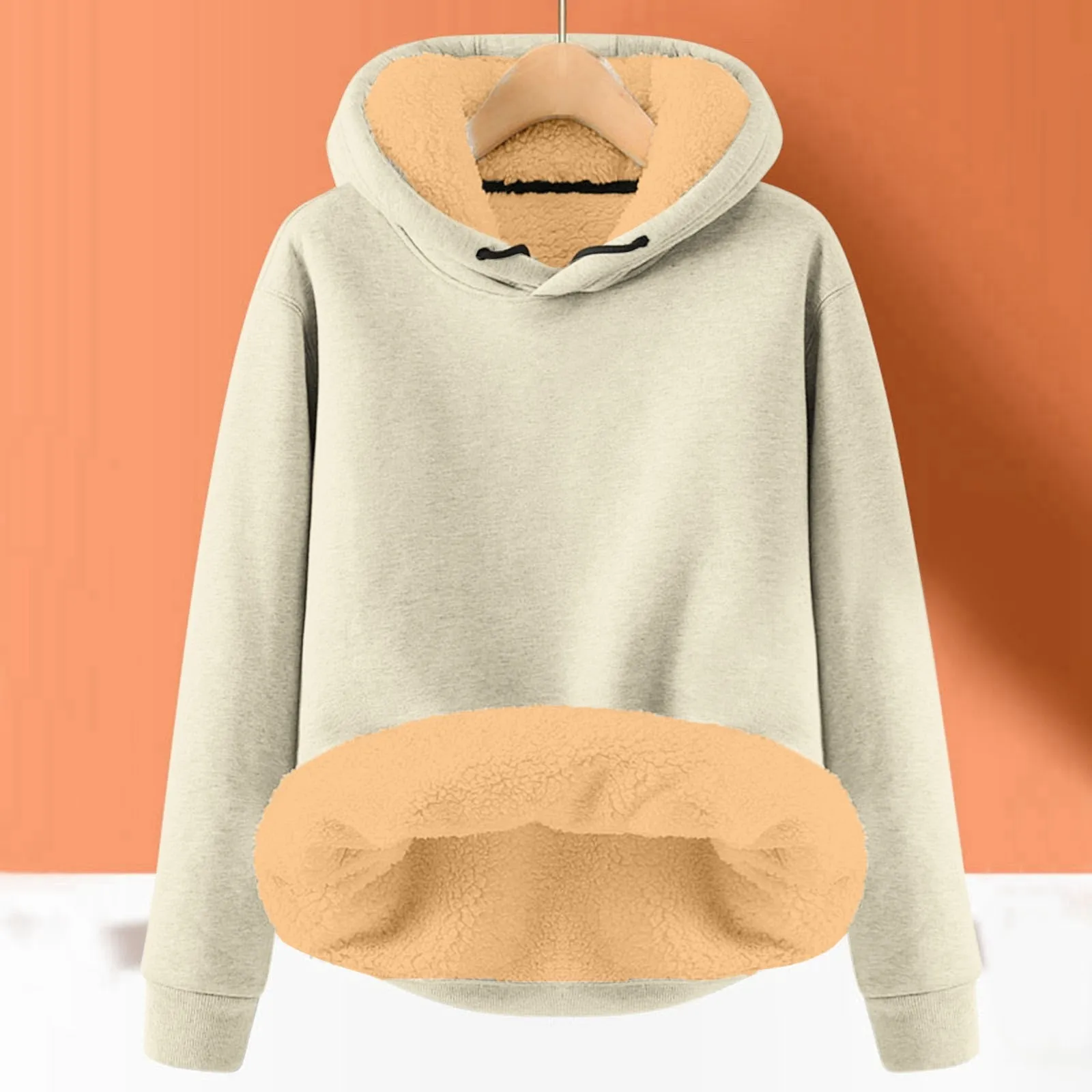 Autumn Winter Solid Color Velvet Liner Hoodie Ladies Thick Warm Loose Hooded Sweatshirt Drawstring Simple Basic Pullover