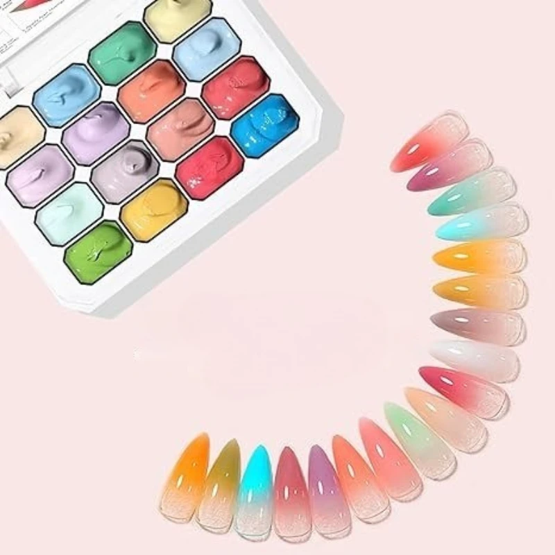 16 Colors Gradient Pat Painting Gel Palette with 100pcs Mini Sponge Set French Ombre Gel Nail Polish for Pigmented Manicure