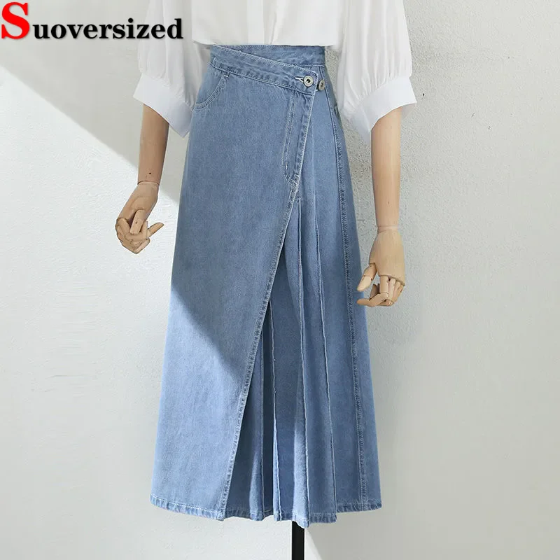 Irregular Pleated Baggy Denim Skirt Women Casual High Waist Vintage Faldas Korean Fashion Streetwear Loose A-lined Jean Skirts