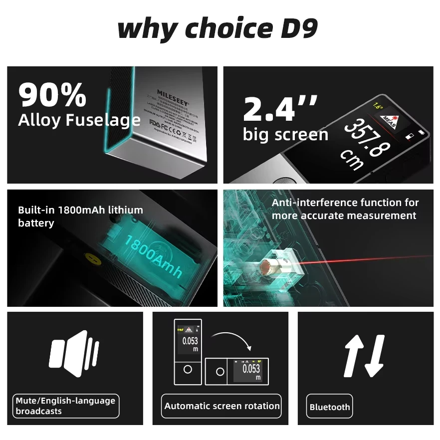 Mileseey Laser Distance Meter D9 100M Large Font Bluetooth  Laser Reference Line Visual Aligning, Rechargeable