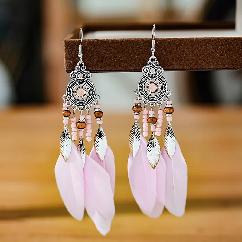 Bohemian Ethnic Feather Drop Earrings For Women Elegant Wood Beads Leaf Long Tassels Dangle Earring Girls Fashion Party Jewelry