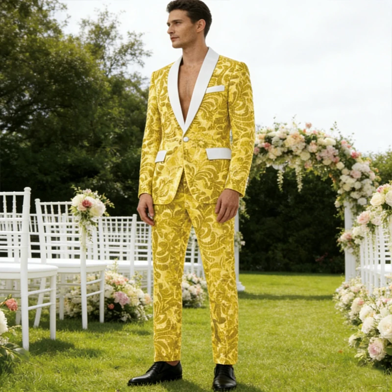 Luxury Men's Sequin 2 Piece Set (Blazer+Pants) Shawl Collar 1 Button Slim Fit Sparkly Tuxedos Jacket Trousers for Wedding Party