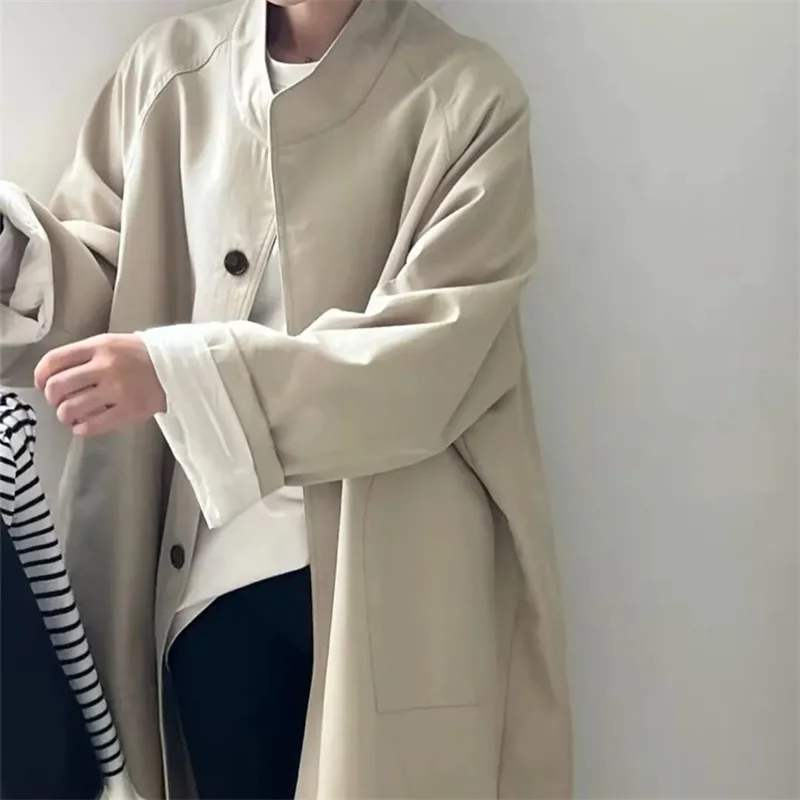 

Stand Neck Long Trench Coat Women Spring Casual Turn-down Collar Single-breasted Trench Coat