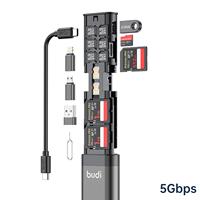 BUDI 9 in 1 Type C to Type C Cable USB 3.0 Adapter SD TF Nano Card Storage Box 65W OTG 5Gbps Data Transfer Fast Charging Cable