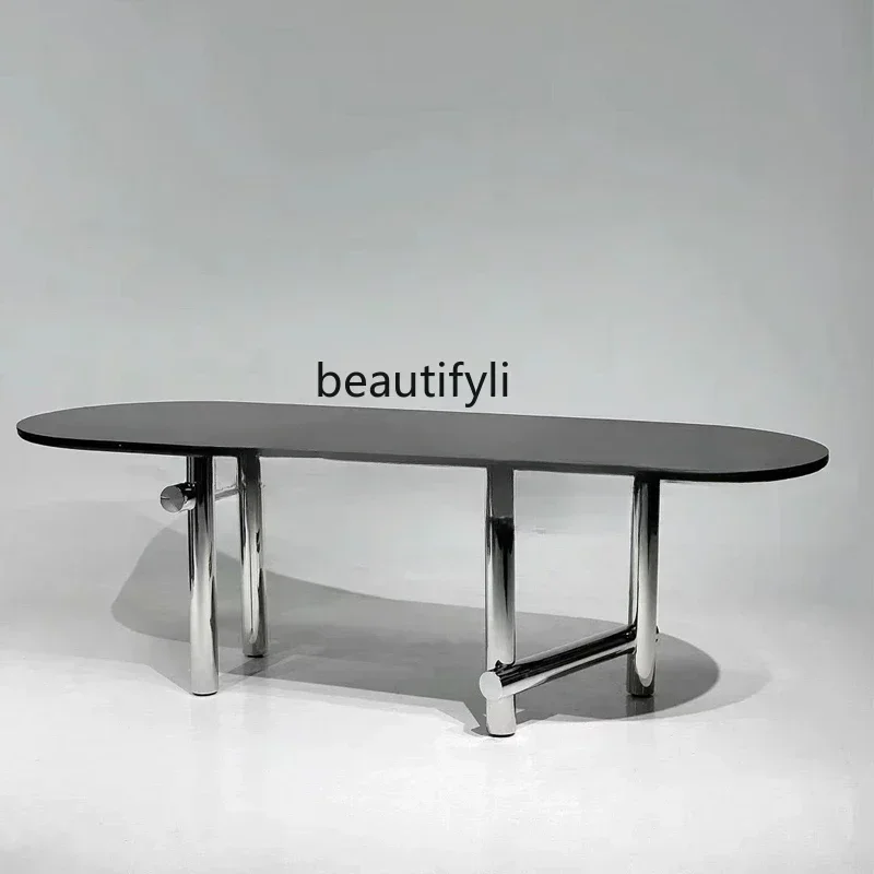 ss7486 Simple modern matte rock slab dining table creative stainless steel art multi-person light luxury oval negotiation table