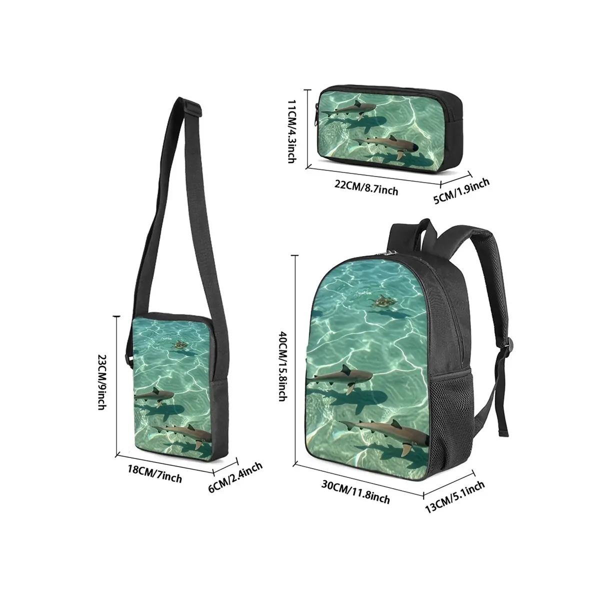 Shark Marine Print 3Pcs/Set Backpack with Messenger Bag ,Pencil Bags for Boy/Girl Best Gift Cartoon Student School Bags
