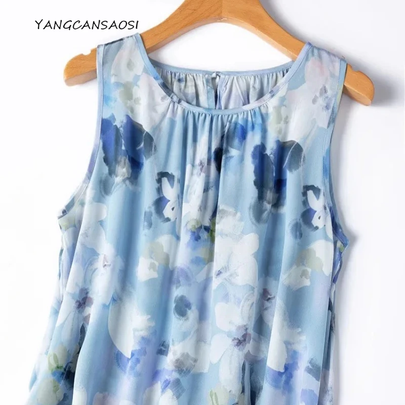 

Artistic Blue Print Fashionable Casual Summer 100% Natural Mulberry Silk Double Crepe Round Neck Sleeveless Vest Dress