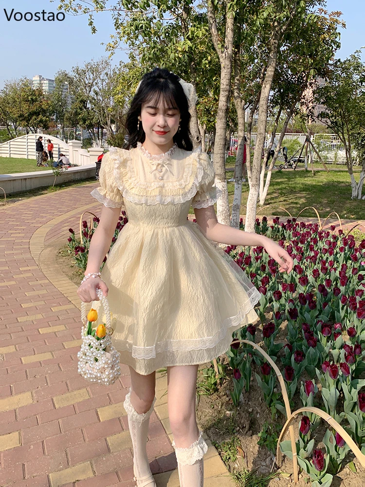 Summer Sweet Lolita Style Princess Dress Women Elegant Chic Puff Sleeve Lace Ruffles Kawaii Mini Dresses Korean Girly Vestidos