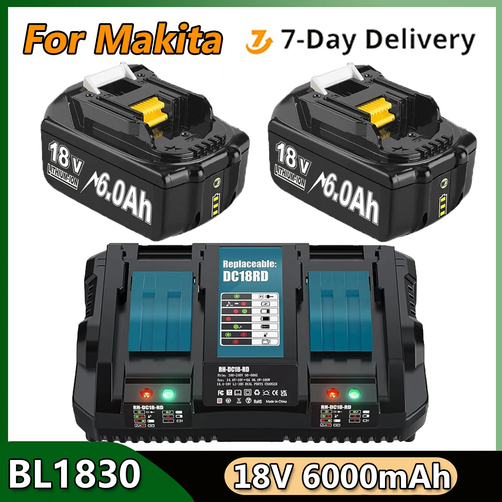 

For Makita BL1830 Battery 6A Charger 18V 6.0Ah/6000mAh Replacement Battery For DC18RD Compatible For BL1860 BL1850 BL1840B