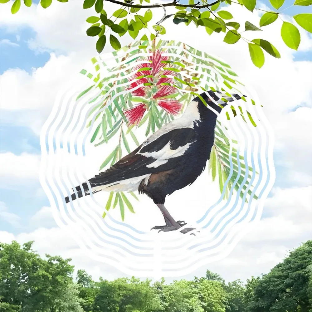 

Watercolor Australian Magpie Wind Chime, Red Flowers Metal Garden Art, 360 Rotating Outdoor Yard Decor, 10x10 Inch Flat Design f