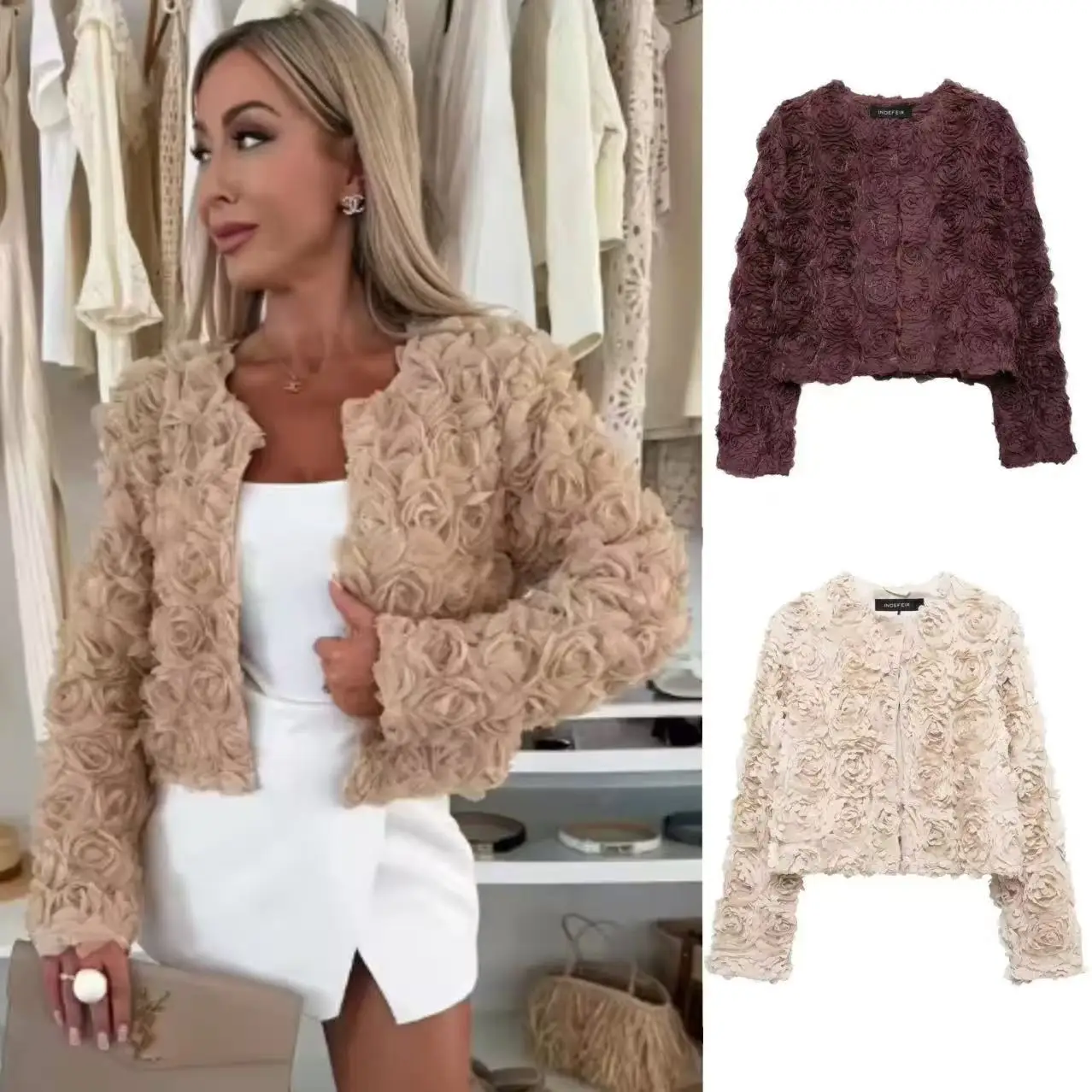 Spring and Autumn Simple Pure Color Round Neck Tops with Three-Dimensional Flower Shaped Texture Long Sleeved Jacket for Women