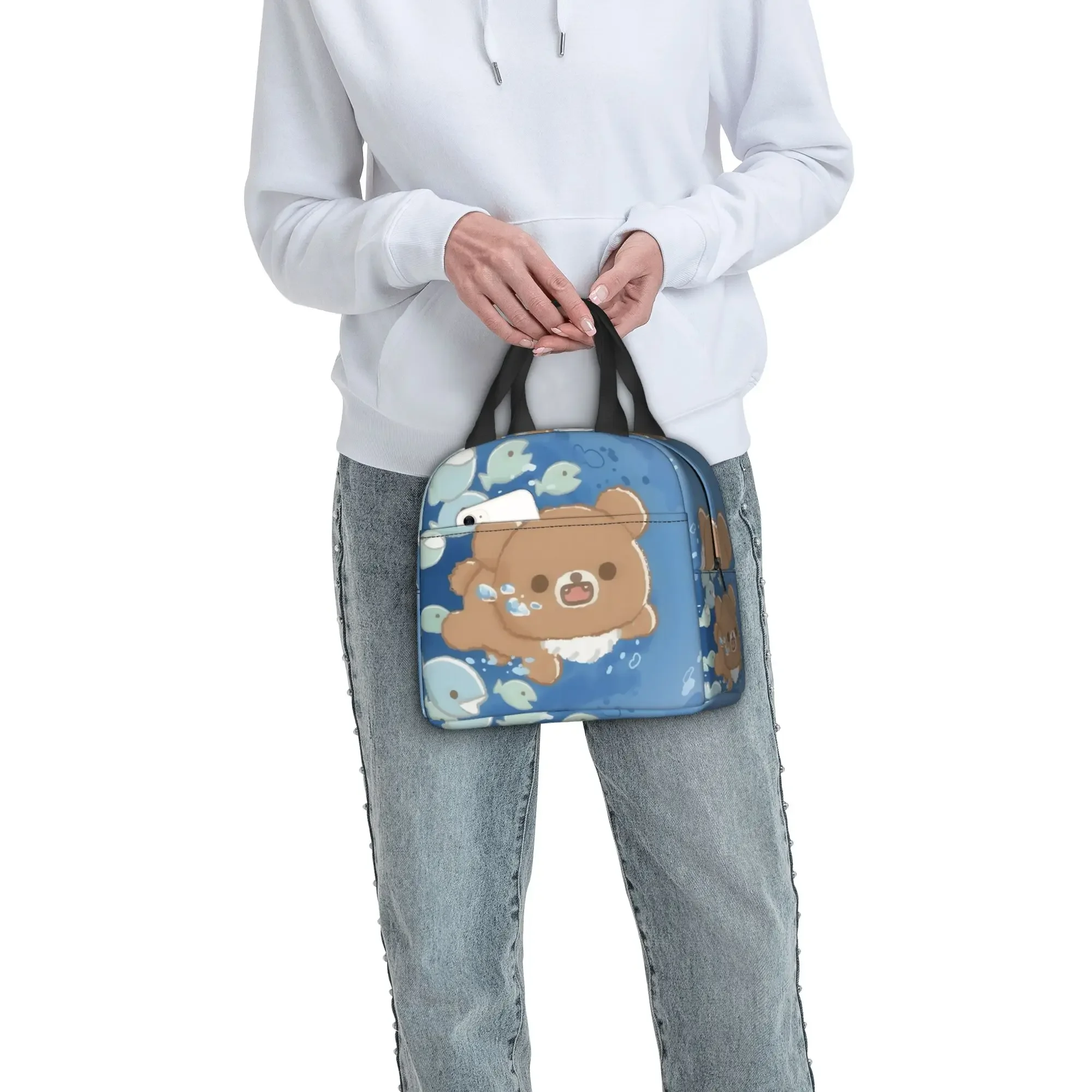 R-Rilakkumas Insulated Lunch Bag for Women Portable Kawaii Lazybear Doll Cartoon Pattern Thermal Cooler Lunch Tote School