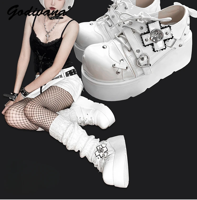 2024 New Spring and Autumn Punk Style Platform Shoes Cool Girl Female Subculture Y2K Gothic Lolita Chunky Heel Leather Shoes