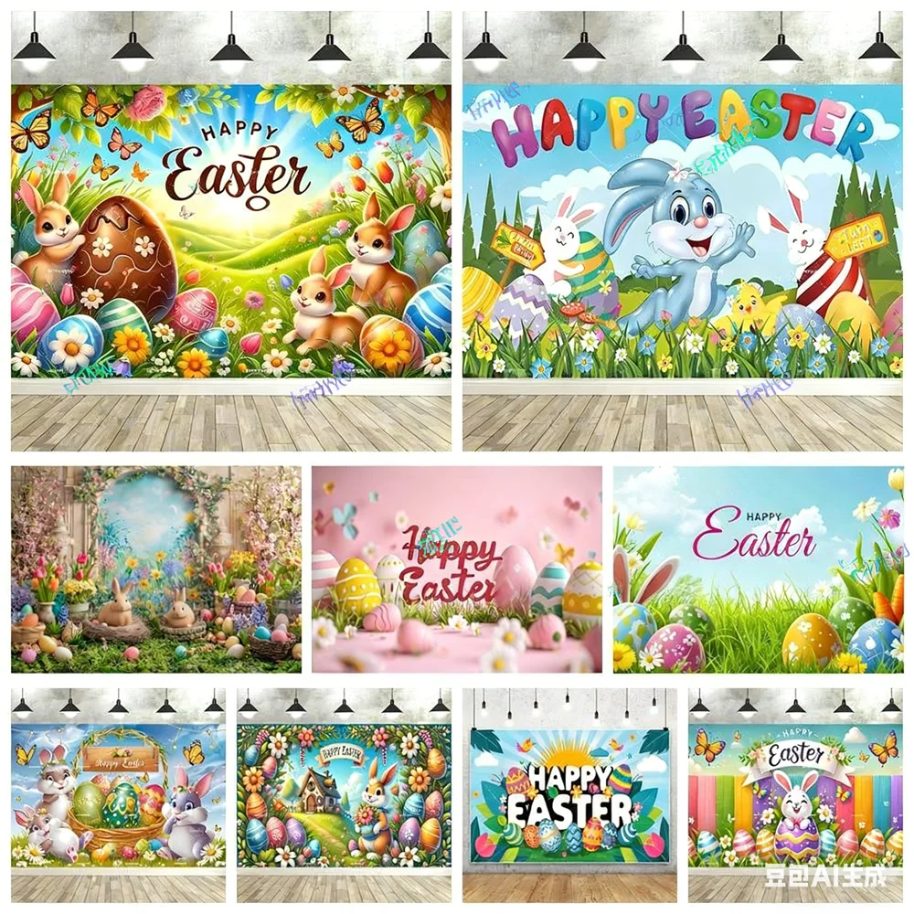 

Happy Easter Photography Background Cartoon Green Grass Bunny Egg Flowers Children Spring Easter Party Decoration Photo Backdrop