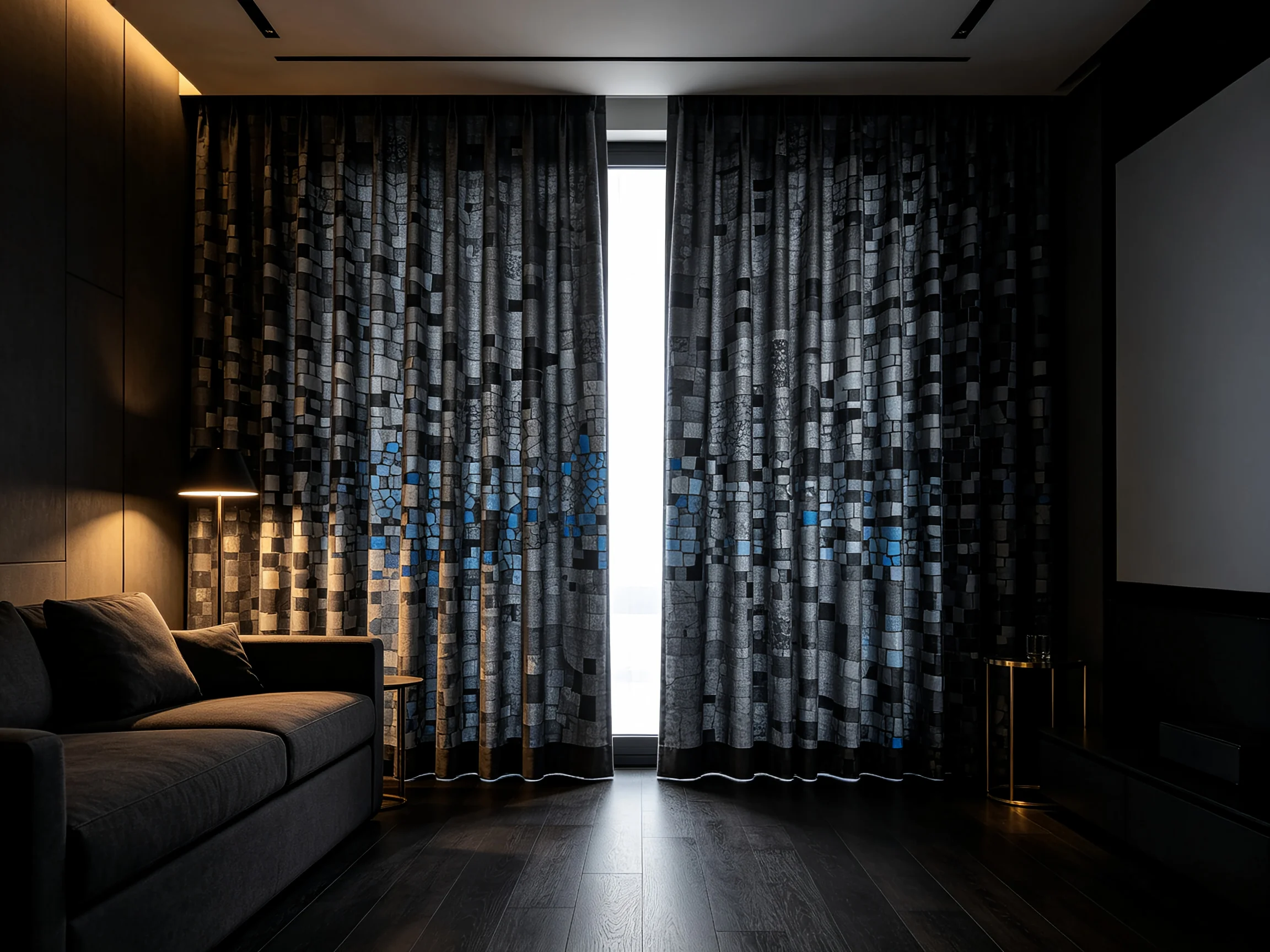 200107    Black gray mosaic pattern blackout curtain