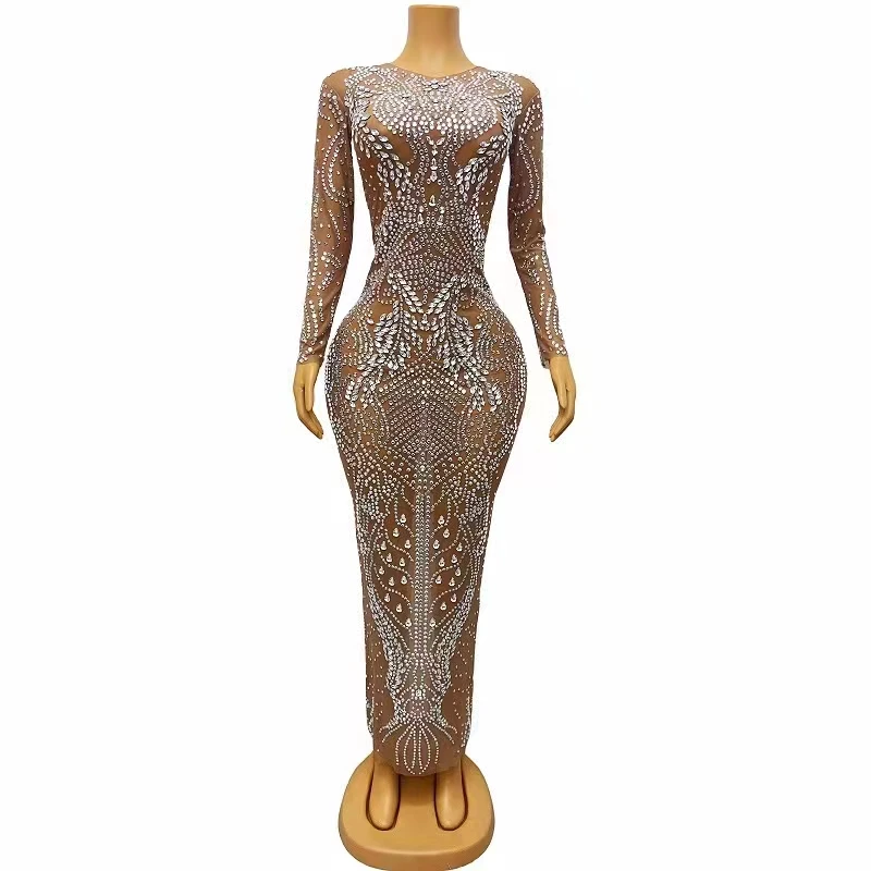 

Luxury Celebrity Singer Evening Celebrate Transparent Rhinestone Long Dress Women Birthday Party Prom Outfit Model Stage Costume