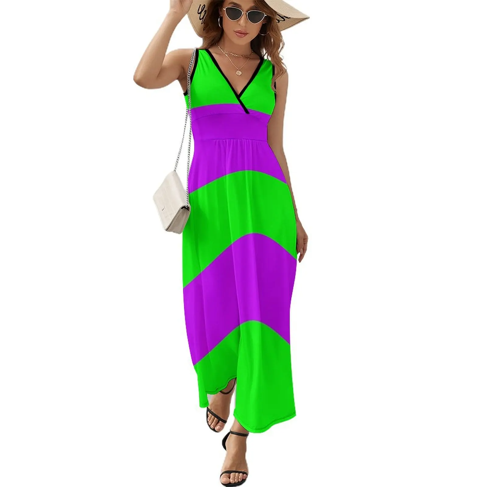 Neon Green & Purple Wide Horizontal Stripes #1 Sleeveless Dress woman dress Women's summer long dress