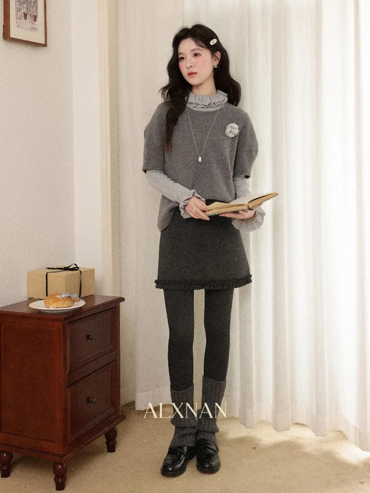 Alxnan feminino cinza lã mock neck suéteres babados guarnição manga longa camada térmica pullovers outono inverno malha topos l59893