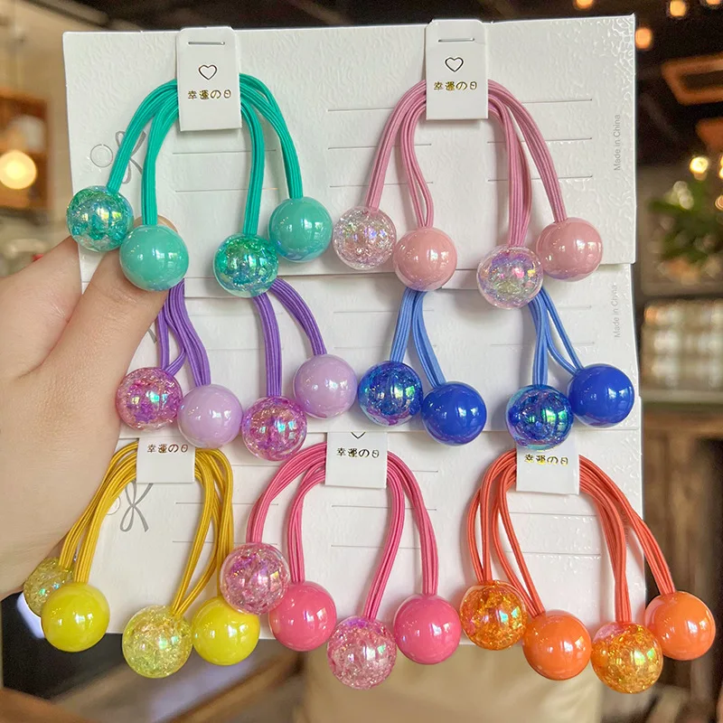 2pcs/lot Korean Candy Color Round Ball Bead Long Elastic Hair Band Girl Children Cute Fairy Ponytail Rubber Ties Party