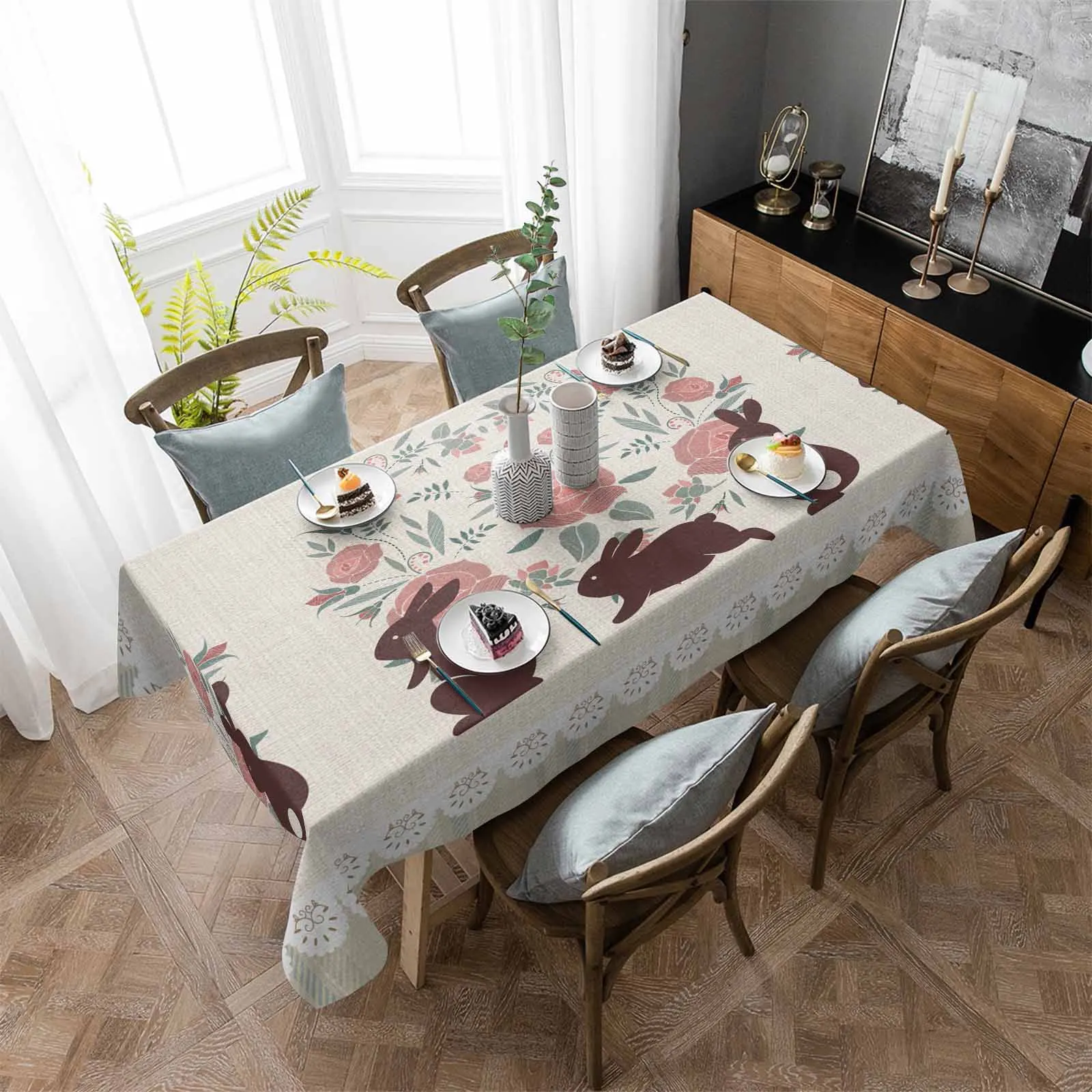 

Checkered Embroidered Flower Rabbit Spring Tablecloth Waterproof Dining Table Rectangular Round Tablecloth Kitchen Decoration