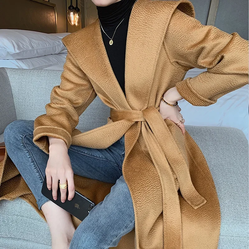 New Women Long Water Ripple Wool Coat Hooded Hand-sewn Loose Double-sided Long Sleeve Wool Jacket Female Belt Tide Autumn Winter