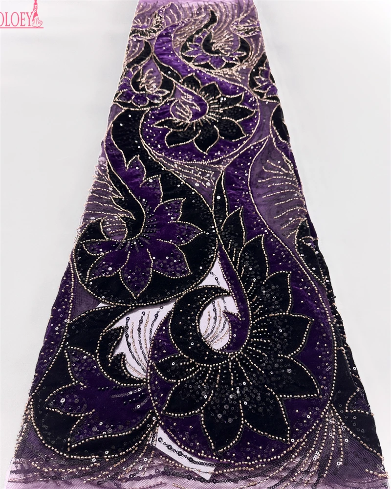 

OLOEY Luxury African Velvet Tulle Beaded Sequins Mesh Lace Fabric New Design for Wedding Dresses Nigerian French Style