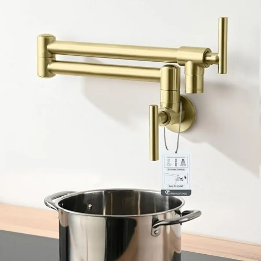 

Pot Filler Faucet Wall Mount with 3 Spray Modes Double Joint Swing Arm Retractable Space-Saving Design Leak-Free High Flow Bras