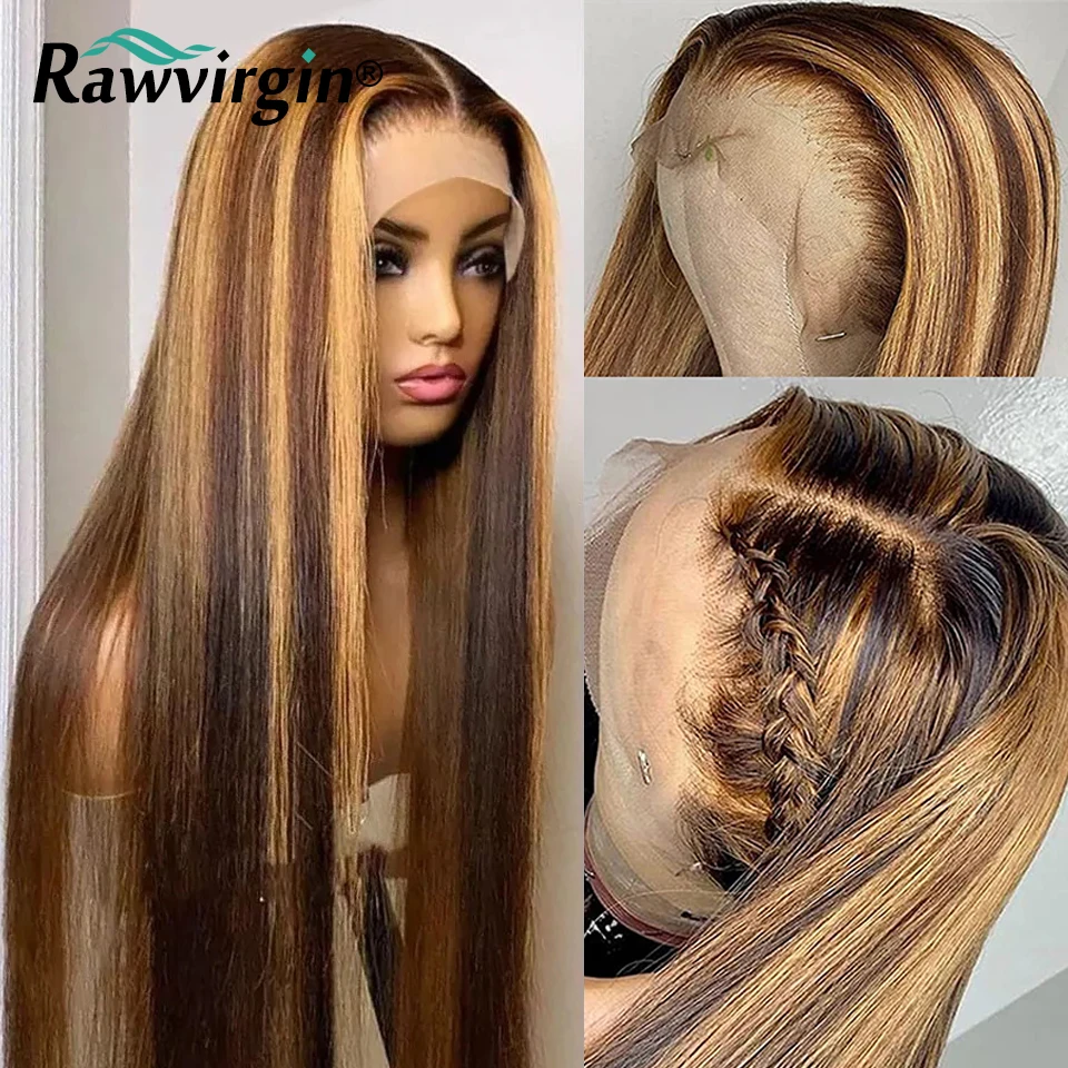 4/27 Straight Highlight 360 Lace Frontal Wig Honey Blonde Ombre 13x4 13X6 Lace Front Human Hair Wigs For Women Peruvian Hair 180